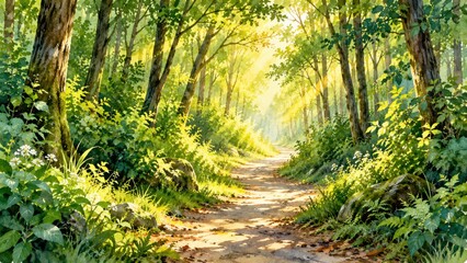 Fototapeta premium Sunlit forest path with green trees and glowing light, a peaceful nature watercolor painting.