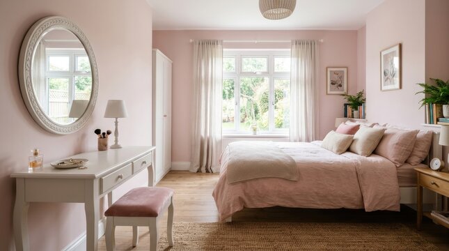 A comfortable bedroom features light pink walls and a dressing table with an oval mirror next to a large window