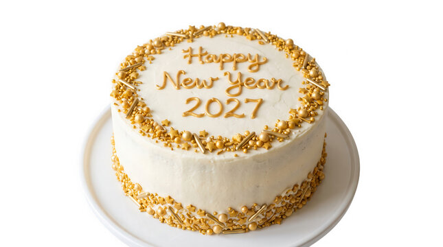 New Year 2027 frosted cake with gold sprinkles isolated on transparent background
