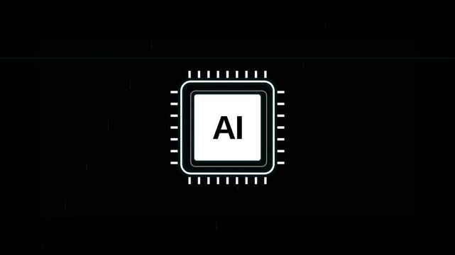 Minimalist processor chip with white AI icon on a solid black background, concept for artificial intelligence technology, suitable for tech presentations and digital UI design