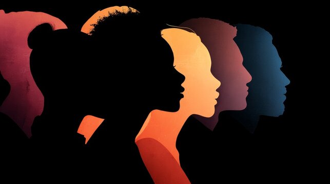 Diverse group of men and women in silhouette profile representing multicultural community, equality, inclusion, unity, social connection, and shared identity across different ethnic and cultural backg