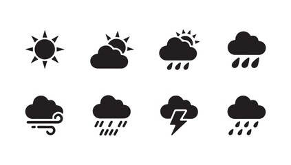 Obraz premium Set of weather icons in black silhouettes representing sun clouds rain wind and lightning for weather forecasting and meteorological themes.