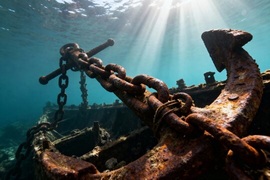 Rusty anchor and chain on a sunken shipwreck underwater with sunlight rays piercing through the water