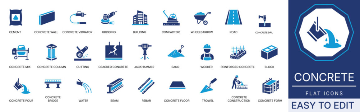 Concrete construction icon set, building material, cement mixer truck, brick foundation, industrial wall, tool, site, for UI, presentation, solid vector illustration