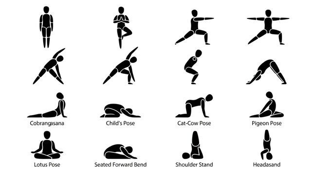 black and white flat line icons of eight essential yoga poses including cobra, child, cat-cow, pigeon, lotus, seated forward