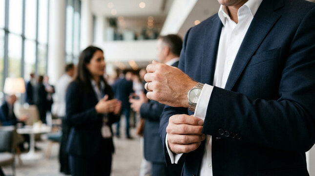 Business Professional Adjusting Cufflinks at Networking Event