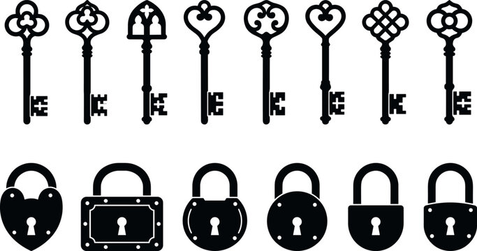 Vintage Skeleton Keys and Antique Padlocks Vector Icon Set Featuring Classic Heart Shaped Locks for Secure Website Security and Graphic Design Elements