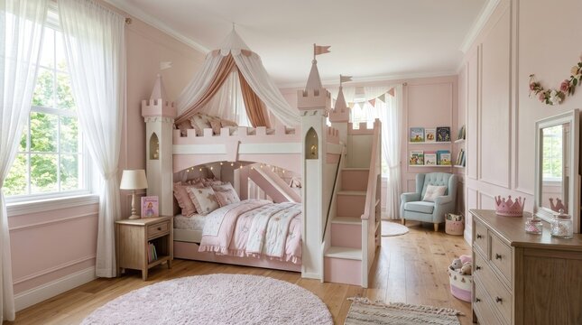Charming princess themed bedroom with a castle bunk bed and elegant decor for a little girl