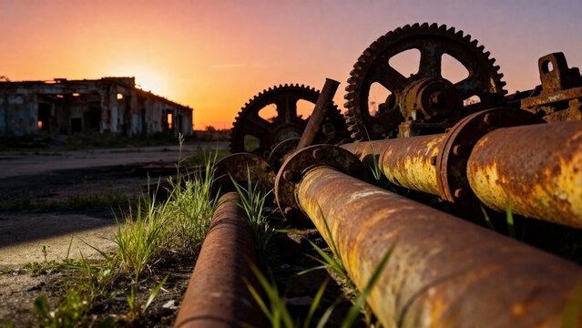Rusty industrial gears and pipes in an abandoned factory at sunset