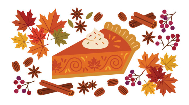 Autumn pumpkin pie slice with whipped cream, fall maple leaves and cinnamon sticks, thanksgiving food vector illustration isolated on White Background