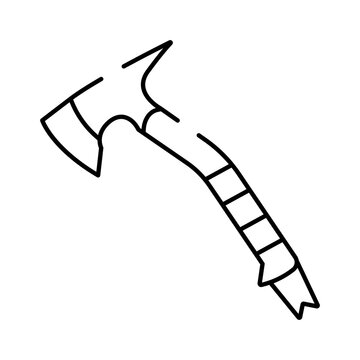 Tribal axe tomahawk with a wrapped handle, drawn in a simple outline style, representing ancient weaponry, utility, and historical concepts on a white background