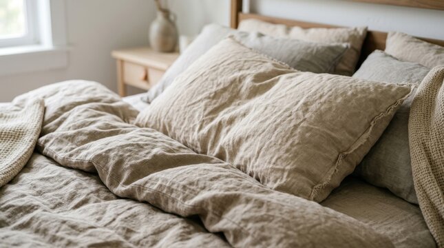 Close up of a cozy bed with linen sheets and pillows in a naturally lit bedroom