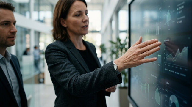 Business professionals analyzing data on large digital display