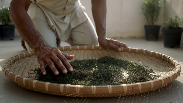 Placing hands kneeling man in dhoti, light shirt raking tea leaves on tray, balcony drying