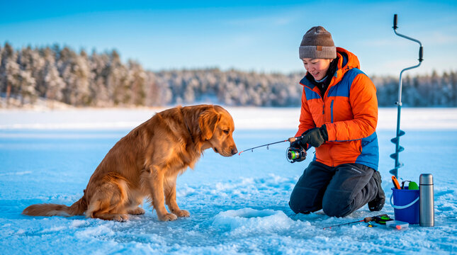 Dog watching owner ice fish, Man ice fishing on frozen lake with golden retriever in winter clothing  