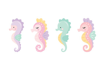 Cute pastel seahorse collection with four whimsical marine characters in soft pink, mint, lavender and yellow. Adorable flat vector set for kids, nursery, ocean, summer and baby designs. © yuliabikirova