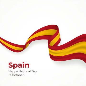 Flowing red and yellow Spain flag ribbon banner for Happy National Day October 12 on white.