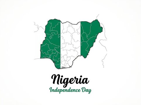 A Nigerian flag map silhouette with cursive Nigeria Independence Day typography isolated on a white surface.