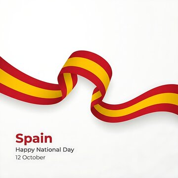 Wavy Spanish flag ribbon graphic celebrating Spain National Day on October 12 isolated on white background.