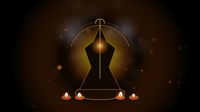 Durga Puja abstract golden trident symbol with glowing diya lamps background