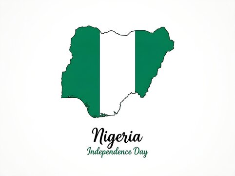 Nigeria map graphic filled with green white flag stripes celebrating Independence Day on solid white background.