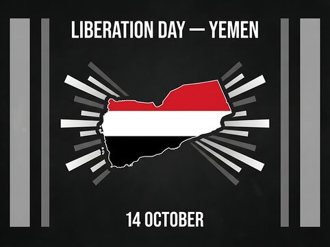 Yemen flag map outline graphic celebrating Liberation Day 14 October on a textured dark background.