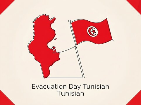 A continuous line graphic featuring Tunisia map outline and flag for Evacuation Day on white surface.