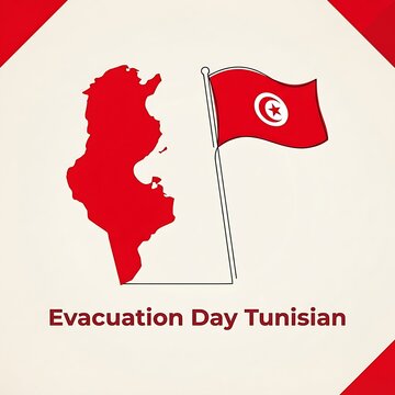 Continuous line art illustration of Tunisia map and flag celebrating Evacuation Day on an off-white background.