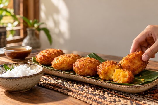 Traditional Indonesian fried cassava cakes misro sweet snack served on banana leaf with hand reaching