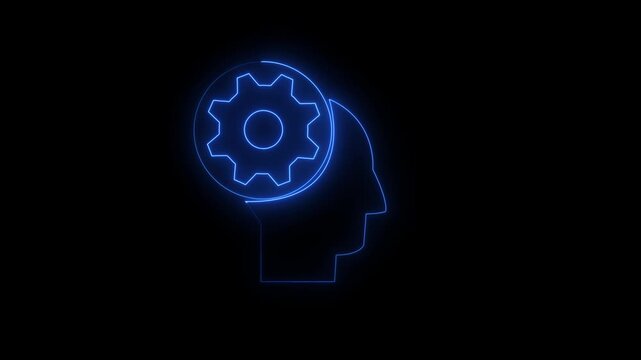 lowing neon line Human head with gear inside icon isolated on black background. Artificial intelligence. Thinking brain sign. Symbol work of brain. 4K Video 