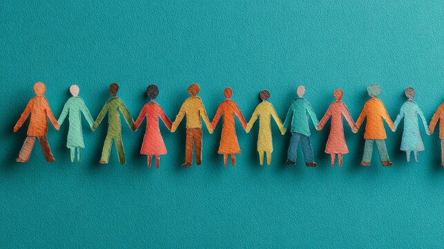 Colorful paper cutout people holding hands in a line on teal background representing diversity, inclusion, unity, equality, community, connection, belonging, and social harmony