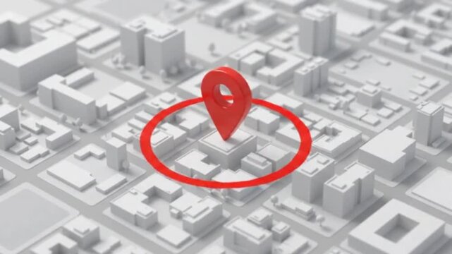 Minimalist 3D isometric city map with red location pin pointer icon