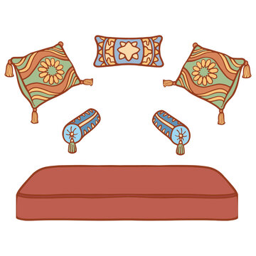 Cozy Couch Bench Seat with Decorative Boho Throw Pillows and Cushions Vector Illustration