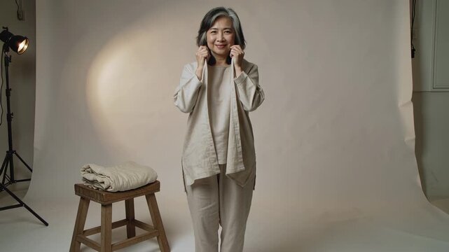 Adjusting Asian senior model posing steadying beige jacket collar at studio with stool and lamp