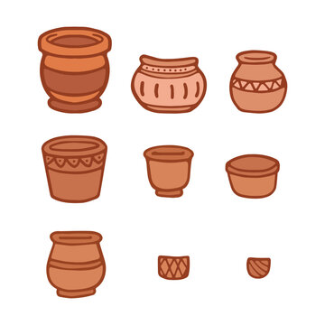 Terracotta Ceramic Clay Pots Set Hand Drawn Vector Illustration