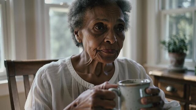 Feeling steam, senior woman in white top lifting speckled mug sipping checking temperature at table