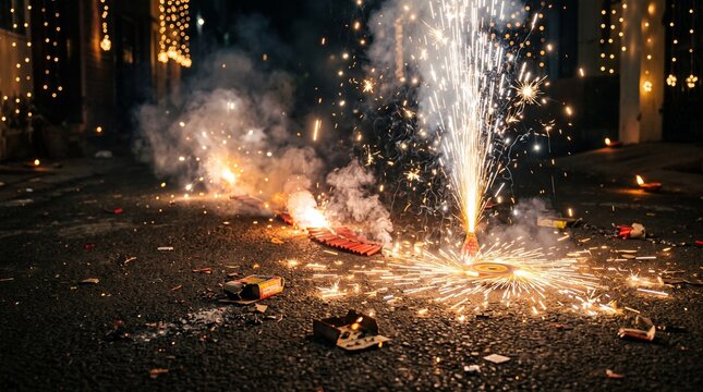 Diwali crackers exploding ground, Fireworks erupting on city street with bright sparks during night celebration  