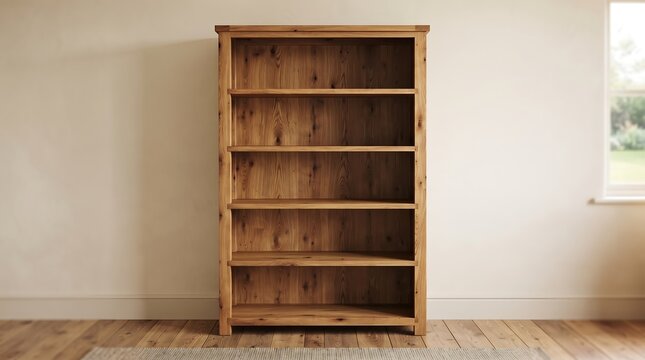 Empty wooden bookshelf standing against a plain wall with copy space