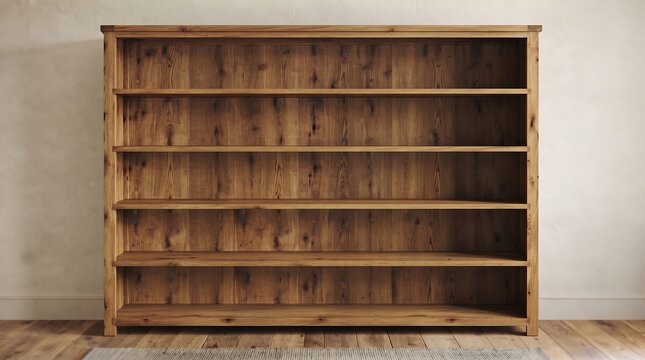 Empty wooden bookshelf against a neutral wall with ample copy space