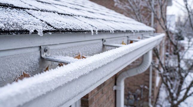 Frost accumulation on a residential roof gutter during a winter season