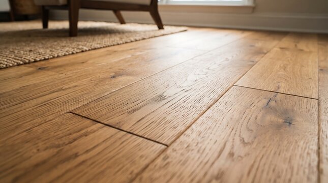 Hardwood flooring texture with natural oak planks and woven area rug