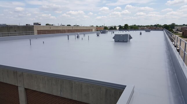 Liquid applied roof coating on a commercial building rooftop with copy space