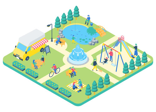 公園で過ごす人々のアイソメトリックイラスト