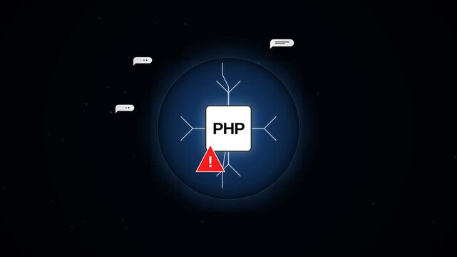 Dark conceptual graphic with a glowing PHP processor chip and red warning icon, representing backend programming error, server bug, or code vulnerability, ideal for cybersecurity presentations and IT