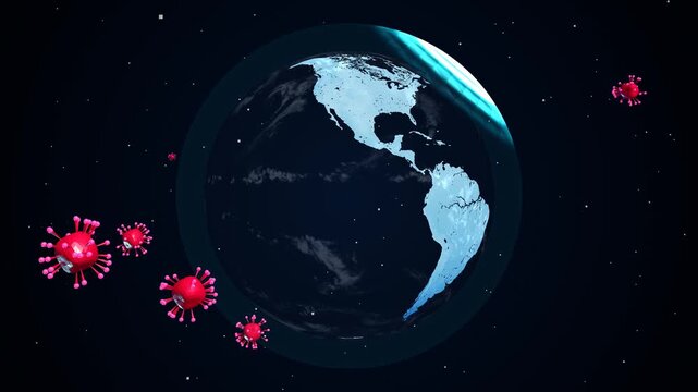 Red virus cells floating around rotating earth globes in space