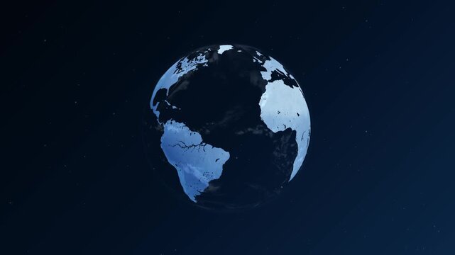 Stylized digital planet earth rotating in deep dark space with stars