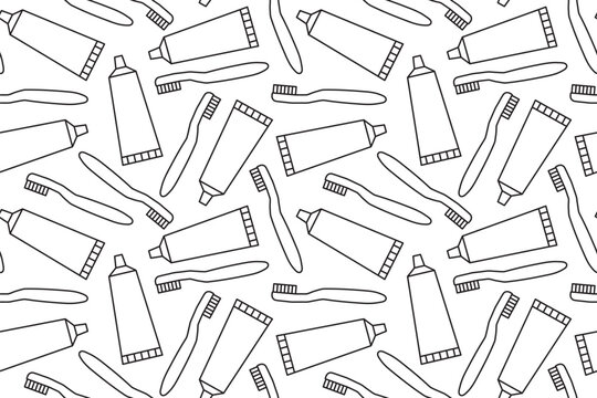 seamless pattern with toothbrush and toothpaste tube line icons,  dental care, oral hygiene, bathroom products, healthcare and wellness concept - vector illustration
