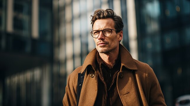 Handsome mature businessman wearing stylish round glasses and a warm winter coat standing outdoors in the city