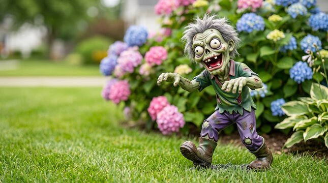 Animated zombie lawn ornament, Zombie garden figurine on green lawn with blooming hydrangea bushes
