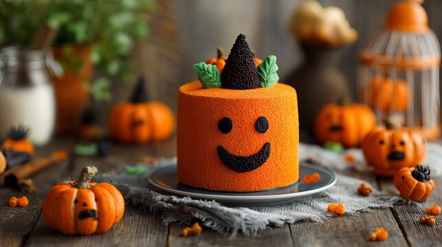 Delicious orange Halloween pumpkin cake decorated with smiling face and black witch hat on rustic wooden table